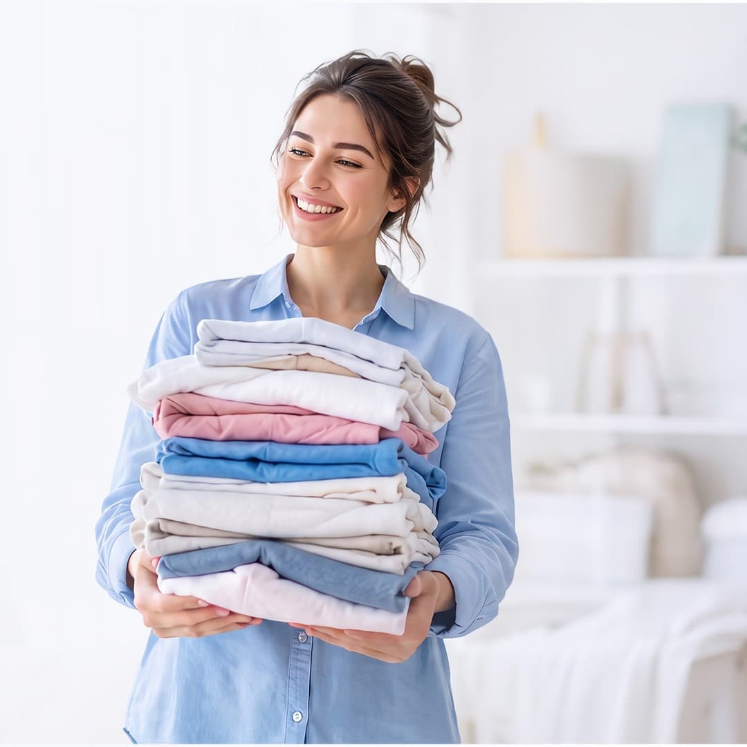 Happy woman holding freshly folded laundry